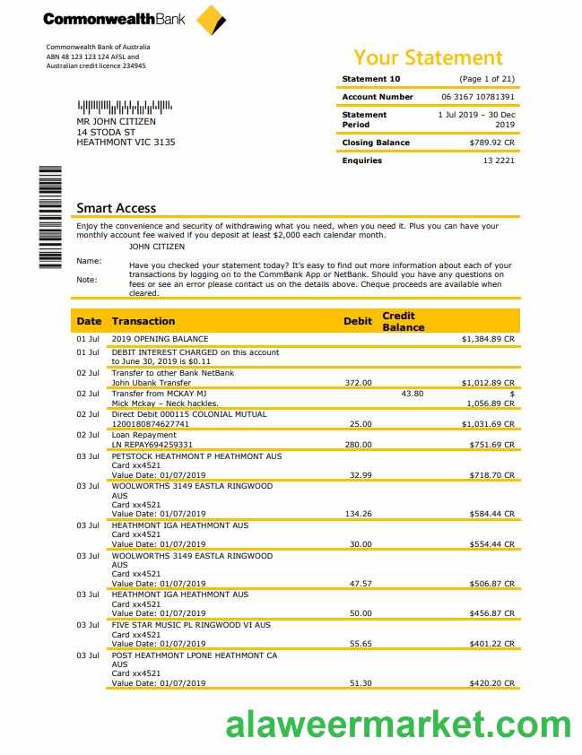 Australia Commonwealth bank statement template in Word and PDF format, good for address prove